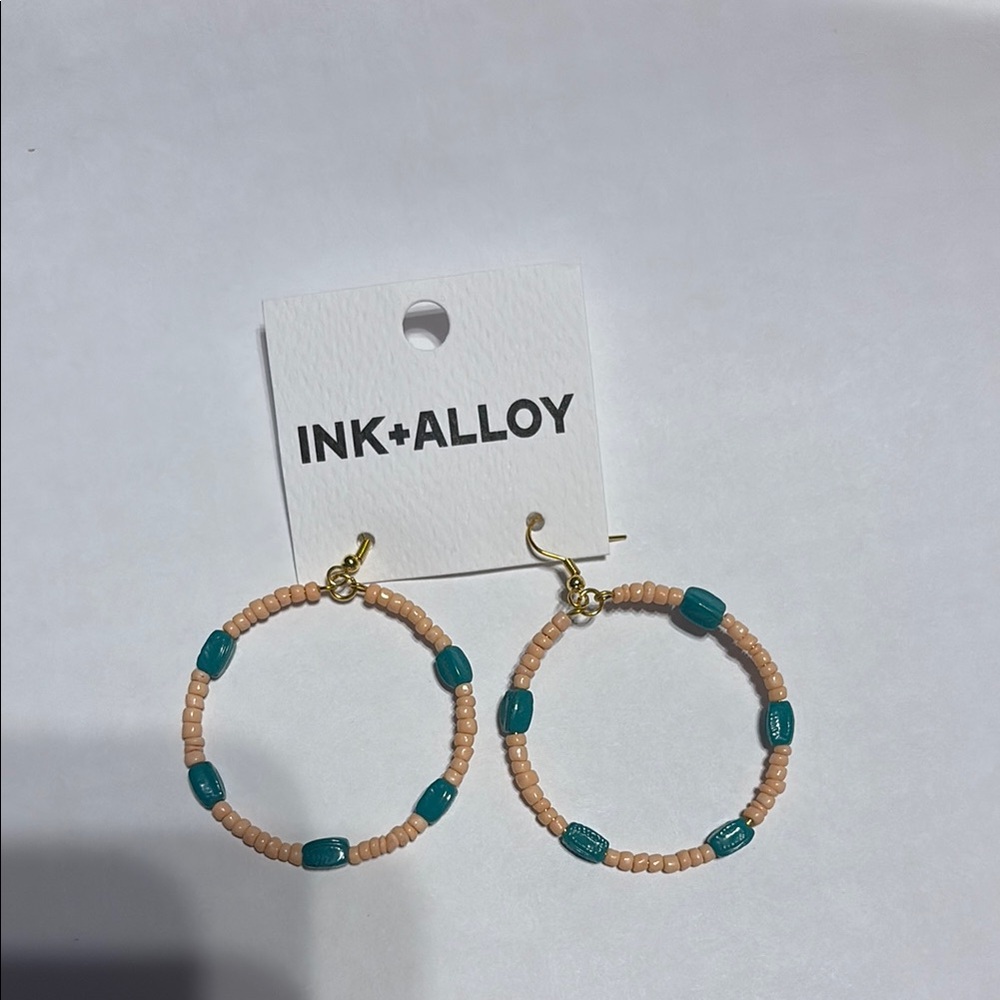 Blue and dusty pink Beaded Hoop Earrings